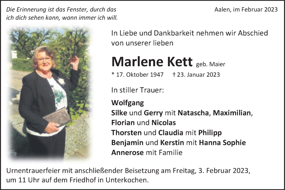  Traueranzeige für Marlene Kett vom 01.02.2023 aus Schwäbische Post