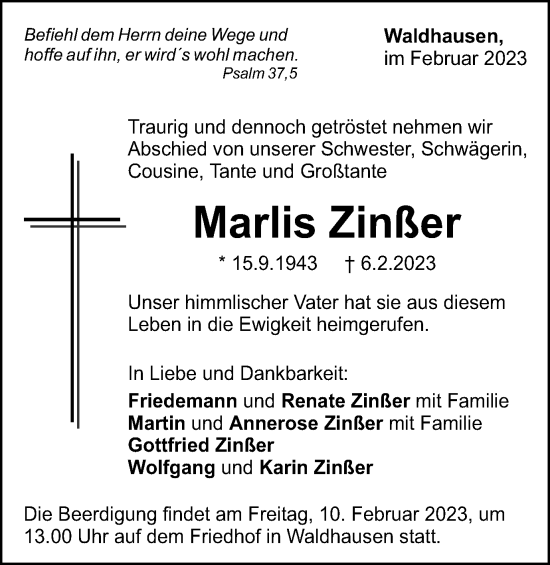 Traueranzeige von Marlis Zinßer von Gmünder Tagespost