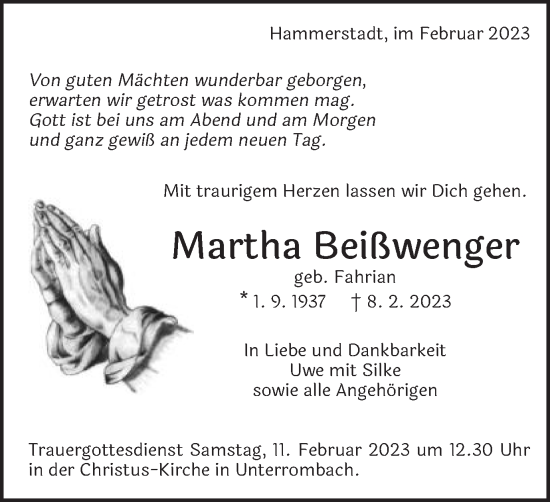 Traueranzeige von Martha Beißwenger von Schwäbische Post