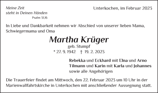 Traueranzeige von Martha Krüger von Schwäbische Post