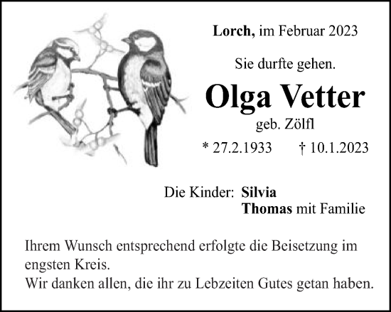 Traueranzeige von Olga Vetter von Gmünder Tagespost