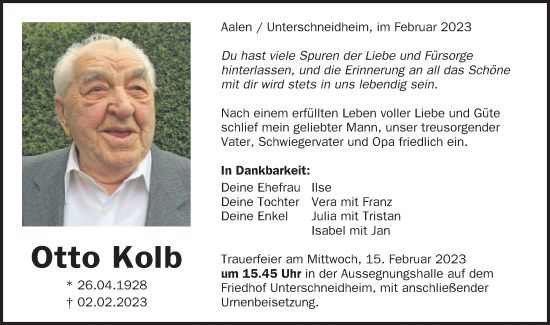 Traueranzeige von Otto Kolb von Schwäbische Post