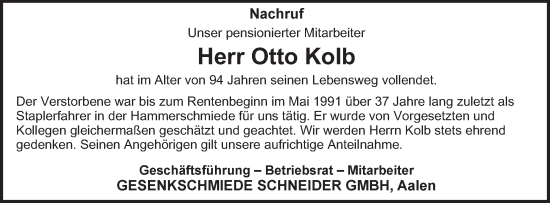 Traueranzeige von Otto Kolb von Schwäbische Post