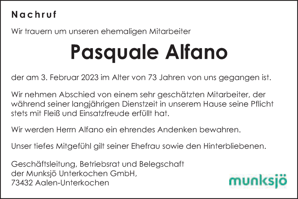  Traueranzeige für Pasquale Alfano vom 11.02.2023 aus Schwäbische Post