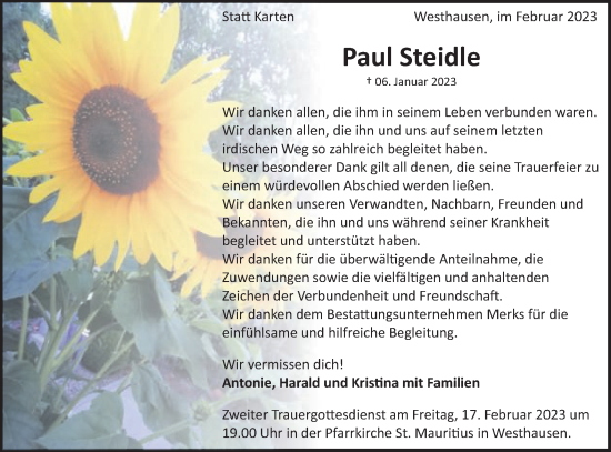 Traueranzeige von Paul Steidle von Schwäbische Post