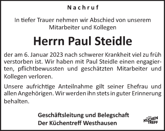 Traueranzeige von Paul Steidle von Schwäbische Post