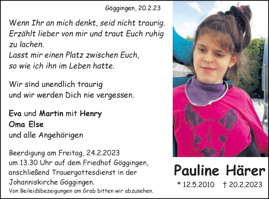 Traueranzeige von Pauline Härer