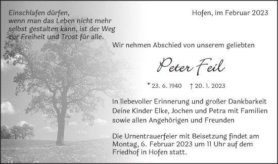 Traueranzeige von Peter Feil von Schwäbische Post