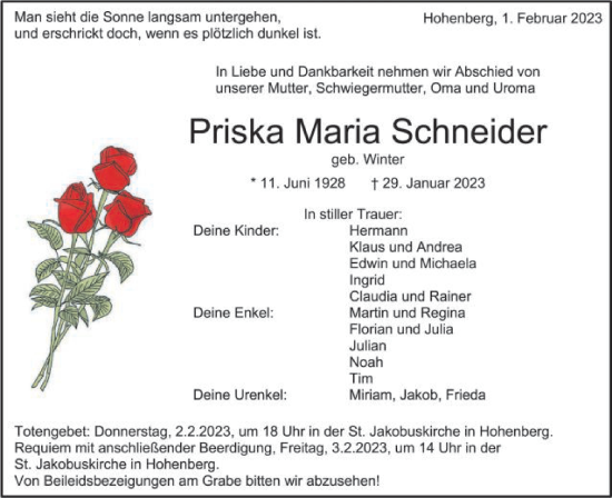Traueranzeige von Priska Maria Schneider von Schwäbische Post