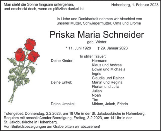 Traueranzeige von Priska Maria Schneider