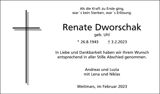 Traueranzeige von Renate Dworschak von Gmünder Tagespost