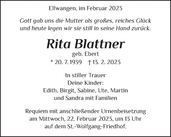 Traueranzeige von Rita Blattner von Schwäbische Post
