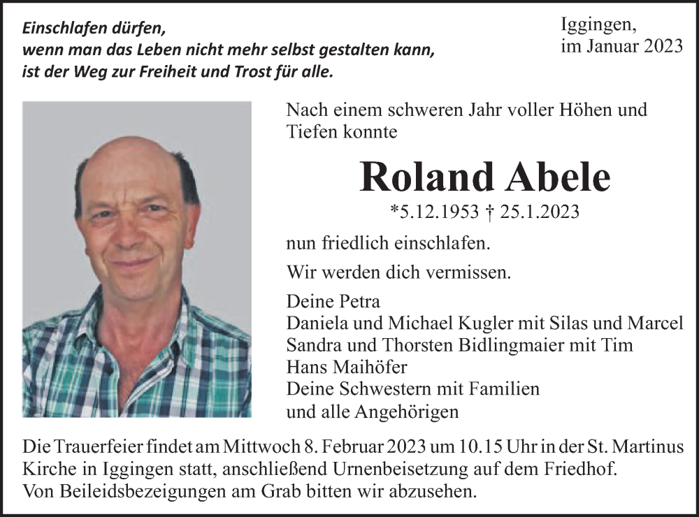  Traueranzeige für Roland Abele vom 03.02.2023 aus Gmünder Tagespost