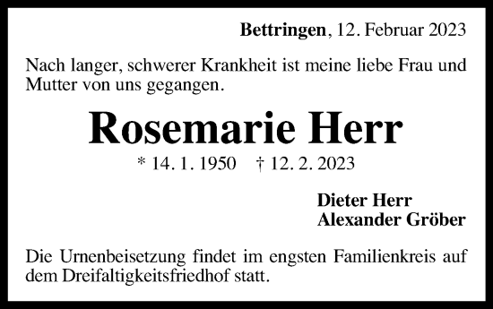 Traueranzeige von Rosemarie Herr von Gmünder Tagespost