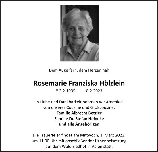 Traueranzeige von Rosemarie Franziska Hölzlein von Schwäbische Post