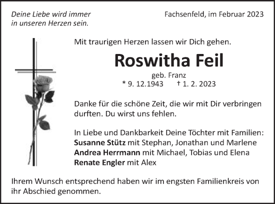 Traueranzeige von Roswitha Feil von Schwäbische Post