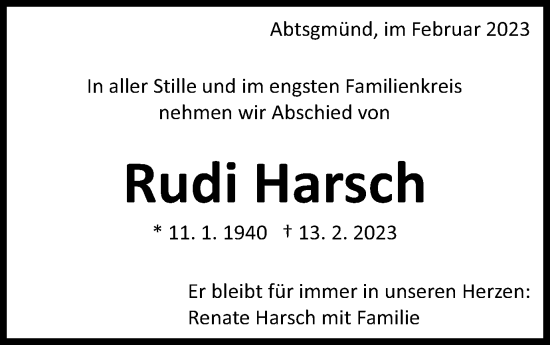 Traueranzeige von Rudi Harsch von Schwäbische Post