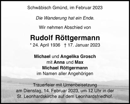 Traueranzeige von Rudolf Röttgermann von Gmünder Tagespost