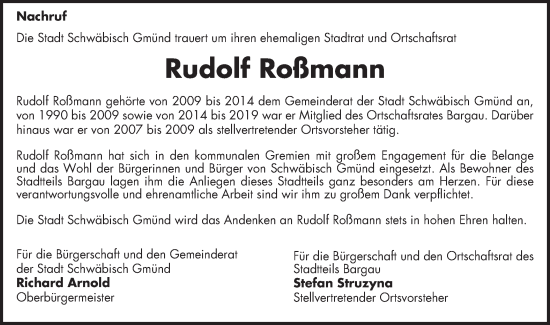 Traueranzeige von Rudolf Roßmann von Gmünder Tagespost