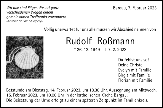 Traueranzeige von Rudolf Roßmann von Gmünder Tagespost