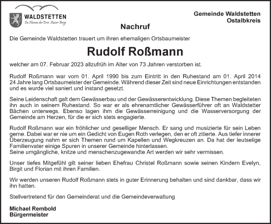 Traueranzeige von Rudolf Roßmann von Gmünder Tagespost