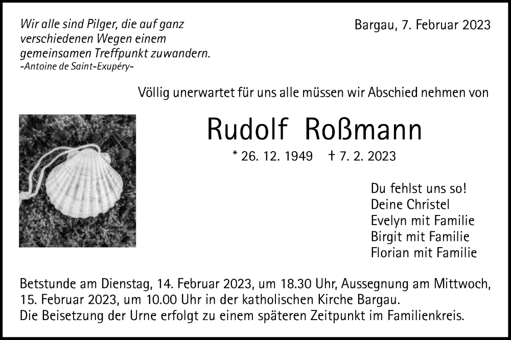  Traueranzeige für Rudolf Roßmann vom 10.02.2023 aus Gmünder Tagespost