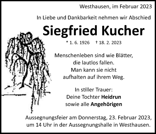 Traueranzeige von Siegfried Kucher von Schwäbische Post