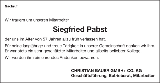 Traueranzeige von Siegfried  Pabst von Gmünder Tagespost