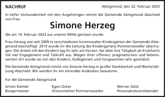 Traueranzeige von Simone Herzeg von Schwäbische Post