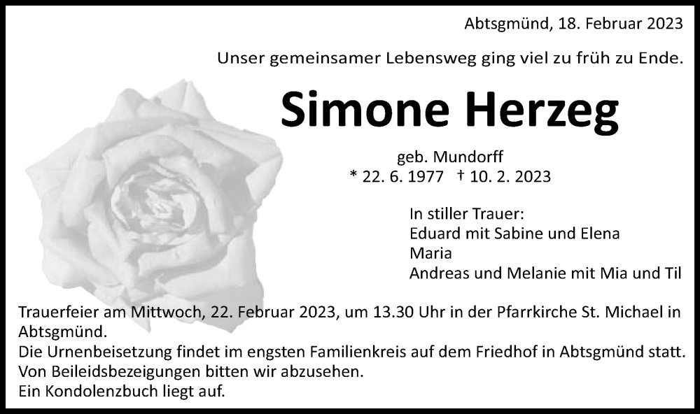  Traueranzeige für Simone Herzeg vom 18.02.2023 aus Schwäbische Post