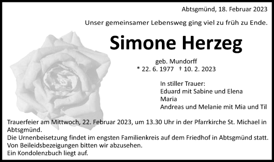 Traueranzeige von Simone Herzeg von Schwäbische Post