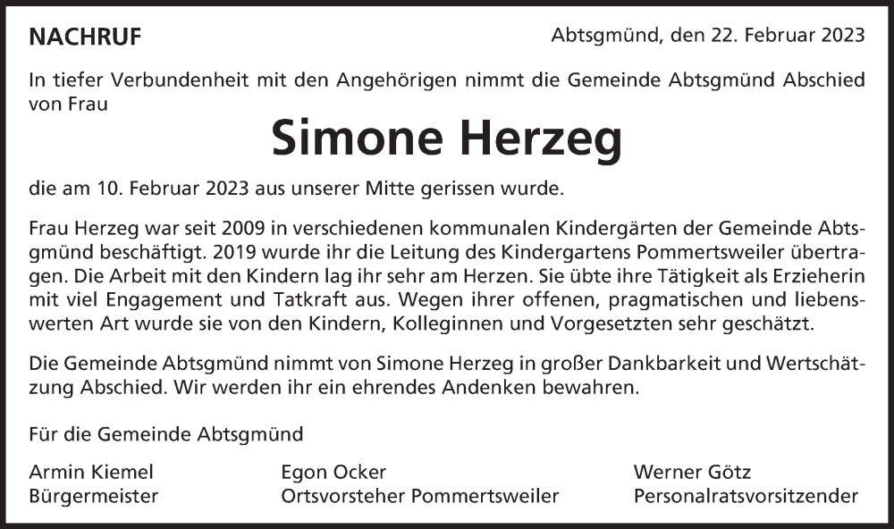  Traueranzeige für Simone Herzeg vom 22.02.2023 aus Schwäbische Post