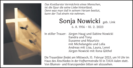 Traueranzeige von Sonja Nowicki von Gmünder Tagespost