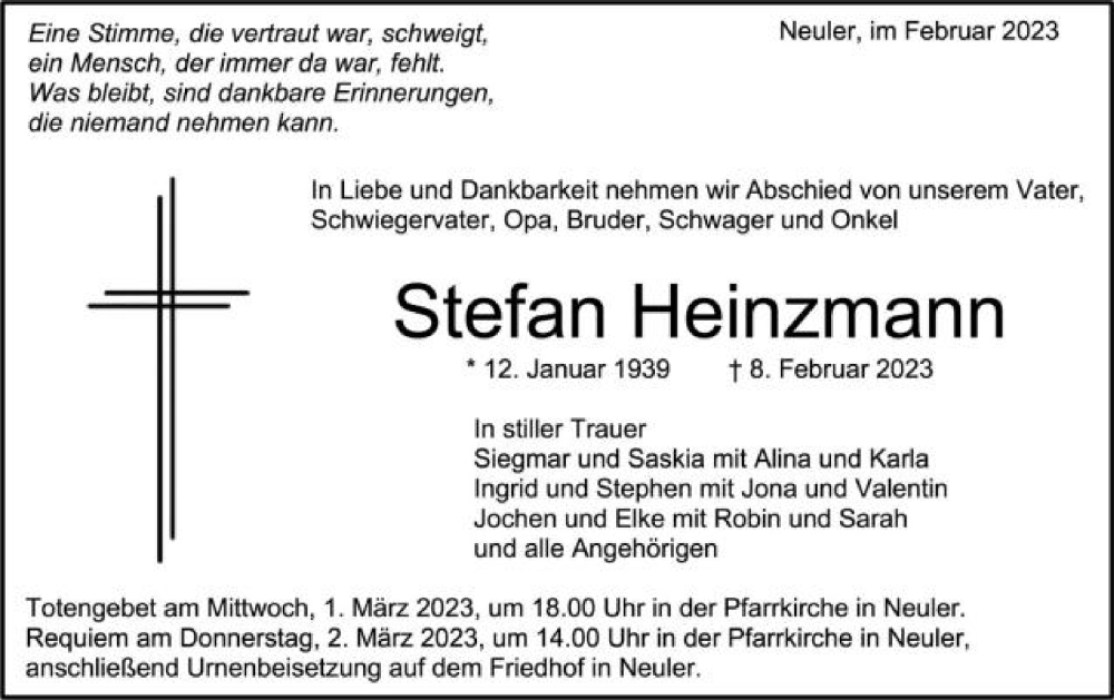  Traueranzeige für Stefan Heinzmann vom 27.02.2023 aus Schwäbische Post