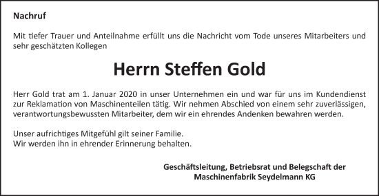 Traueranzeige von Steffen Gold von Schwäbische Post