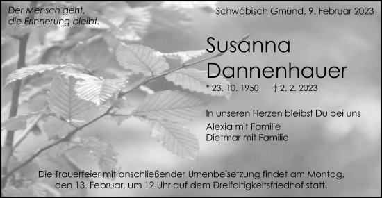 Traueranzeige von Susanna Dannenhauer von Gmünder Tagespost