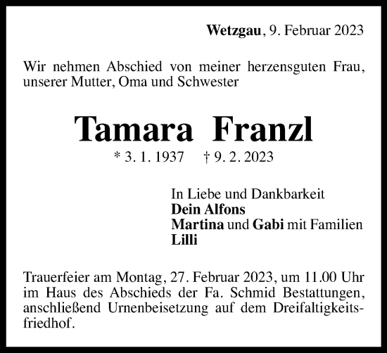 Traueranzeige von Tamara Franzl von Gmünder Tagespost