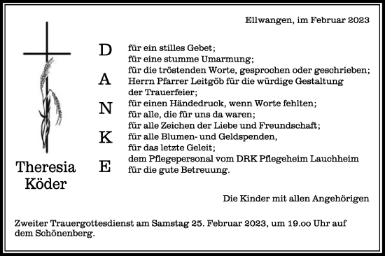 Traueranzeige von Theresia Köder von Schwäbische Post