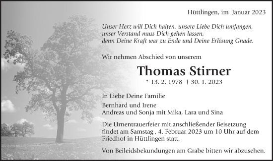 Traueranzeige von Thomas Stirner von Schwäbische Post