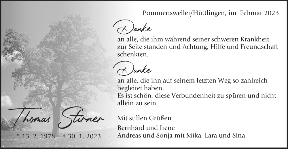  Traueranzeige für Thomas Stirner vom 25.02.2023 aus Schwäbische Post