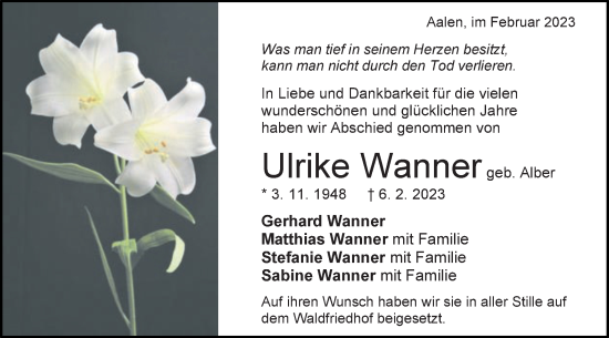 Traueranzeige von Ulrike Wanner von Schwäbische Post