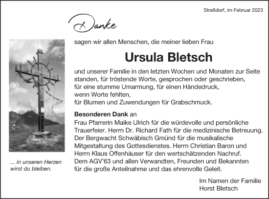 Traueranzeige von Ursula Bletsch von Gmünder Tagespost