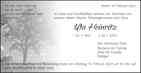 Traueranzeige von Uta Heinritz von Schwäbische Post