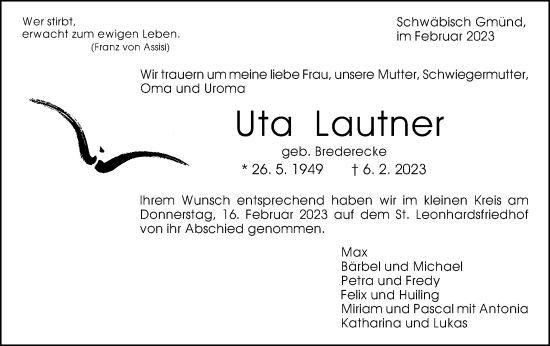 Traueranzeige von Uta Lautner