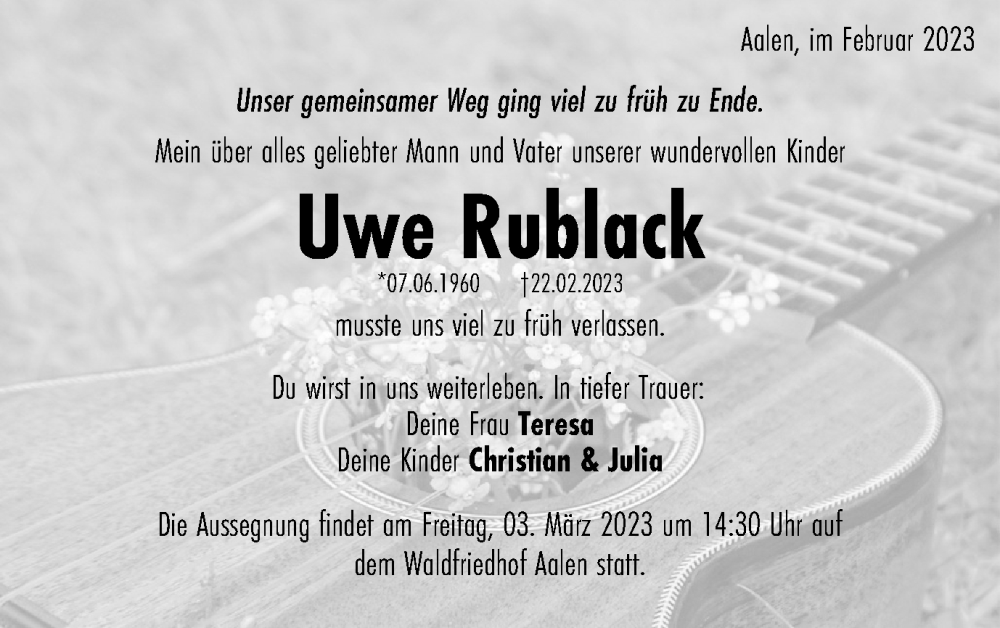  Traueranzeige für Uwe Rublack vom 28.02.2023 aus Schwäbische Post