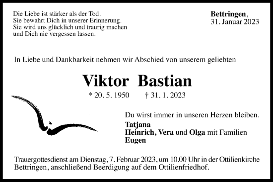 Traueranzeige von Viktor Bastian von Gmünder Tagespost