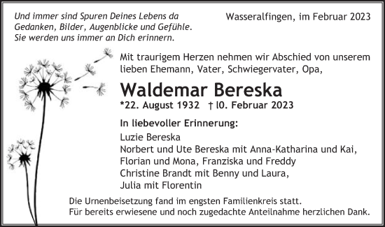 Traueranzeige von Waldemar Bereska von Schwäbische Post