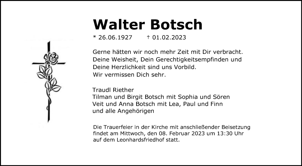  Traueranzeige für Walter Botsch vom 04.02.2023 aus Gmünder Tagespost
