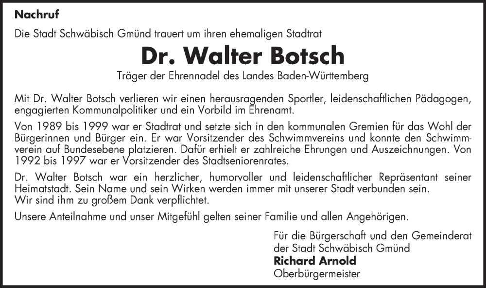  Traueranzeige für Walter Botsch vom 04.02.2023 aus Gmünder Tagespost