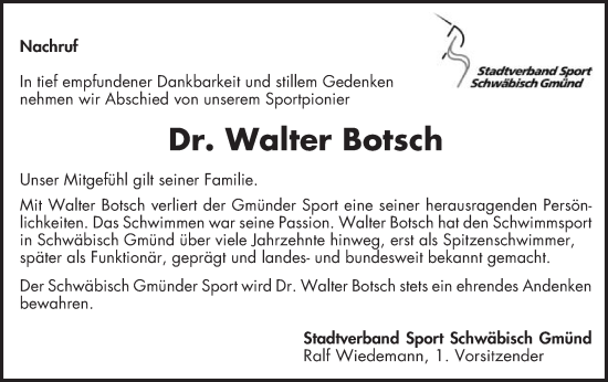 Traueranzeige von Walter Botsch von Gmünder Tagespost